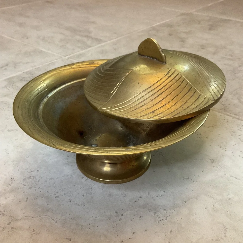 Vintage Sarna Brass India 96 Footed Bowl with Lid Etched Geometric Design Gold
